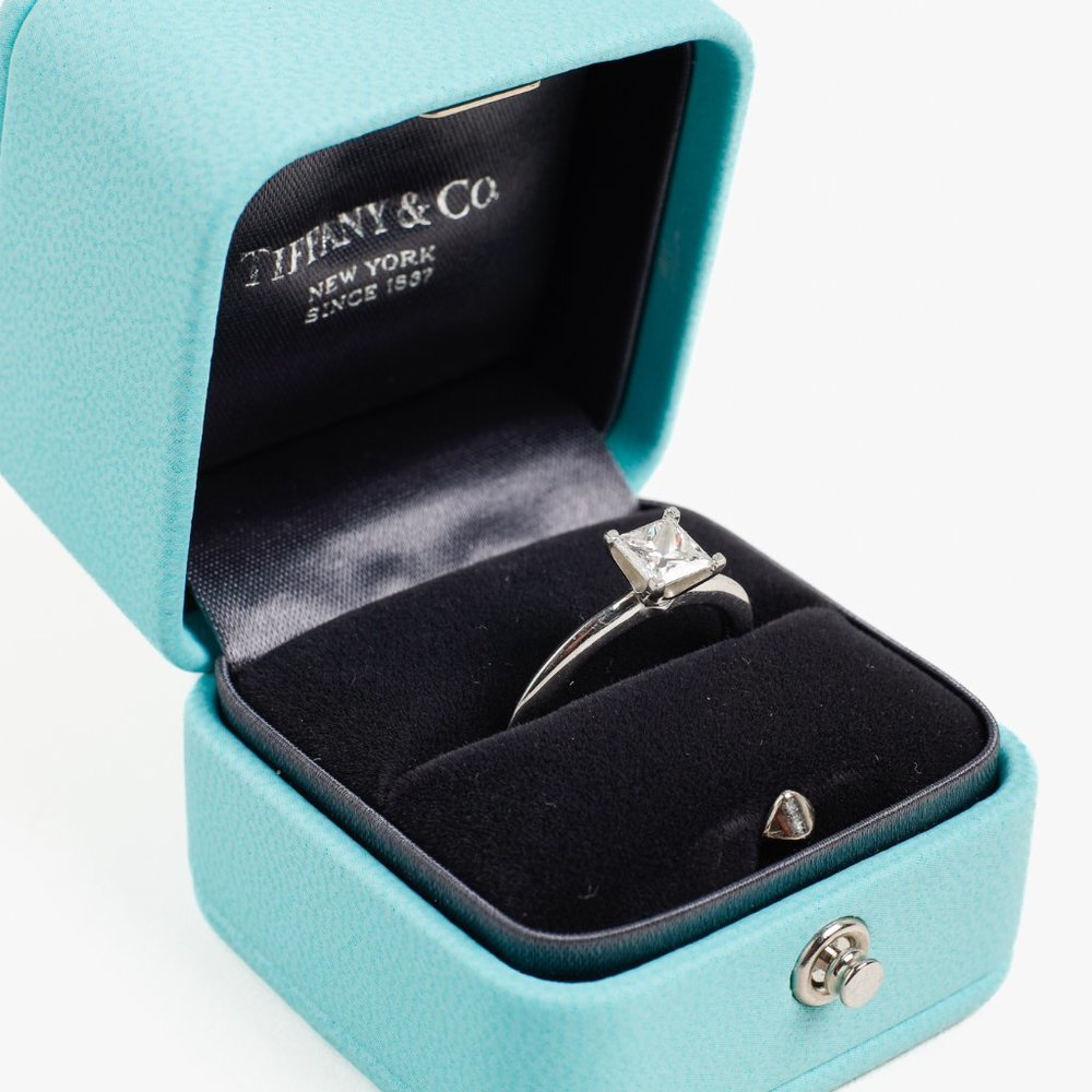 Tiffany & Co. Princess Cut Platinum & .71 Carat Diamond Solitaire Ring, Size 7.5